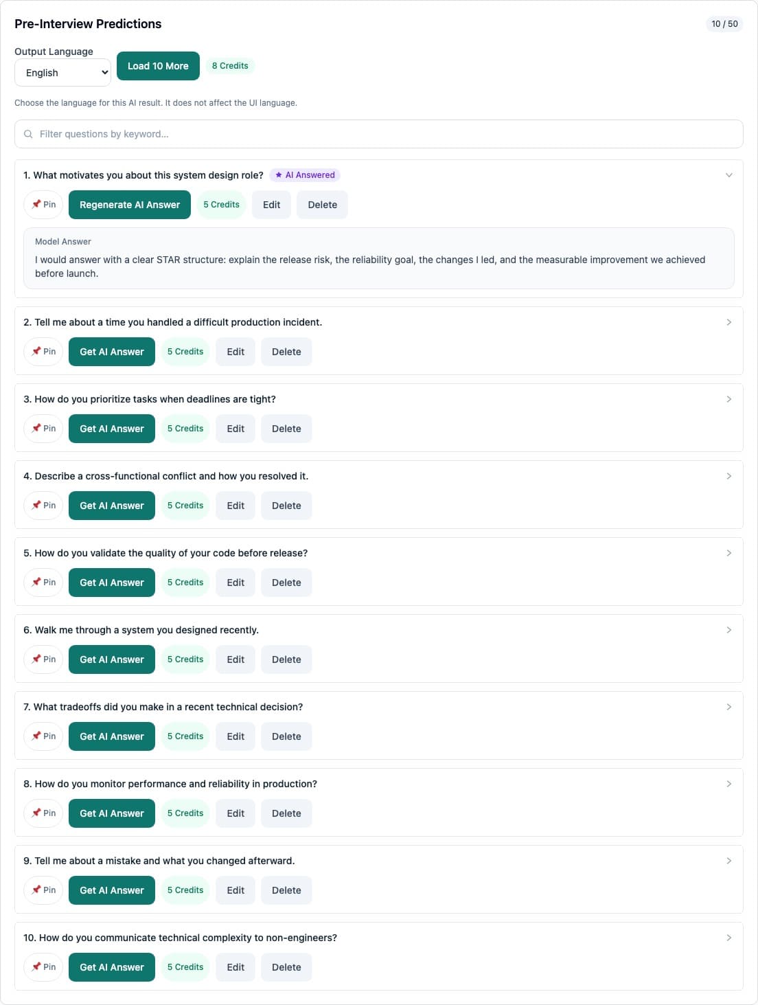 AI-generated Best Answers - Turn your projects and work stories into more specific interview answers.