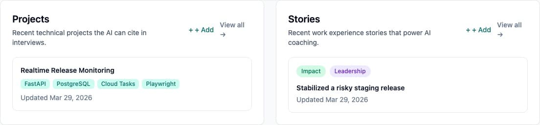 Interview Knowledge Base - Store projects and stories in a structured knowledge base that improves AI outputs over time.